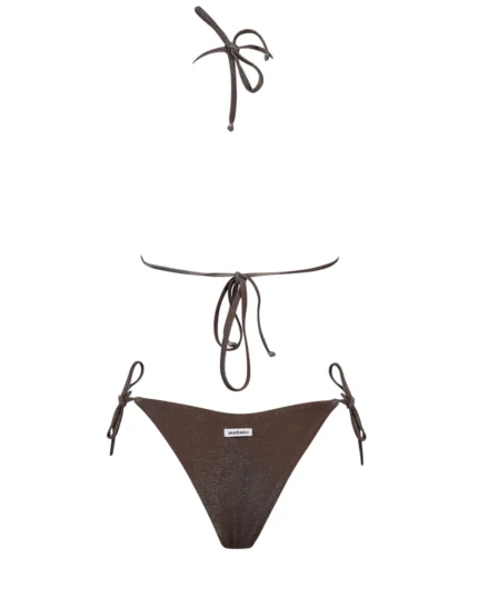 COSTUME DONNA MATINEE A DUE PEZZI DELLA STAGIONE ESTATE 2026. TRIANGOLO IN TESSUTO LUREX NEL COLORE MARRONE