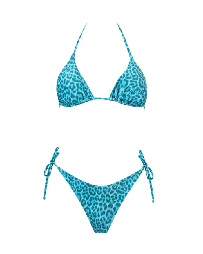 COSTUME DONNA MATINEE A DUE PEZZI DELLA STAGIONE ESTATE 2026. TRIANGOLO KATE A FANTASIA LEOPARDATA CON BASE COLOR CERULEO