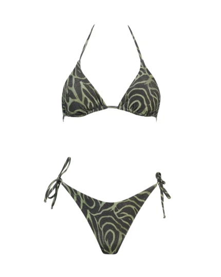 COSTUME DONNA MATINEE A DUE PEZZI DELLA STAGIONE ESTATE 2026. TRIANGOLO IN TESSUTO LUREX NEL COLORE ZEBRATO VERDE