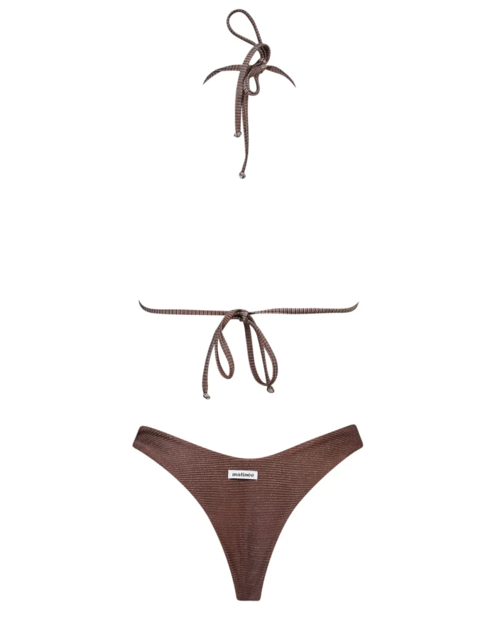 COSTUME DONNA MATINEE A DUE PEZZI DELLA STAGIONE ESTATE 2026. TRIANGOLO KATE A COSTINE IN LUREX COLOR MARRONE