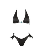 COSTUME DONNA MATINEE A DUE PEZZI DELLA STAGIONE ESTATE 2026. TRIANGOLO ALTO CON DETTAGLIO TRA LE COPPE DI LYCRA LUCIDA MARRONE