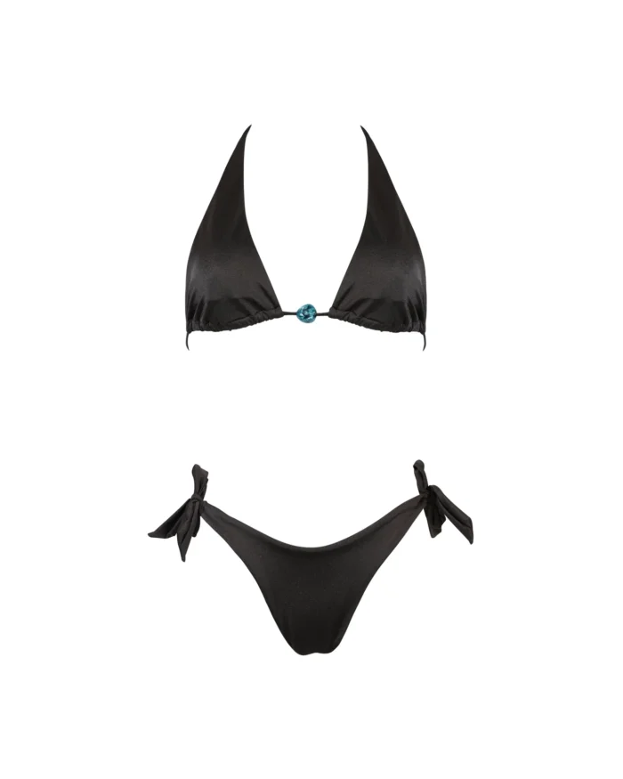 COSTUME DONNA MATINEE A DUE PEZZI DELLA STAGIONE ESTATE 2026. TRIANGOLO ALTO CON DETTAGLIO TRA LE COPPE DI LYCRA LUCIDA MARRONE