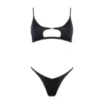 COSTUME DONNA MATINEE A DUE PEZZI DELLA STAGIONE ESTATE 2026. TOP CON FORO E DETTAGLIO IN METALLO. LYCRA LUCIDA NERA