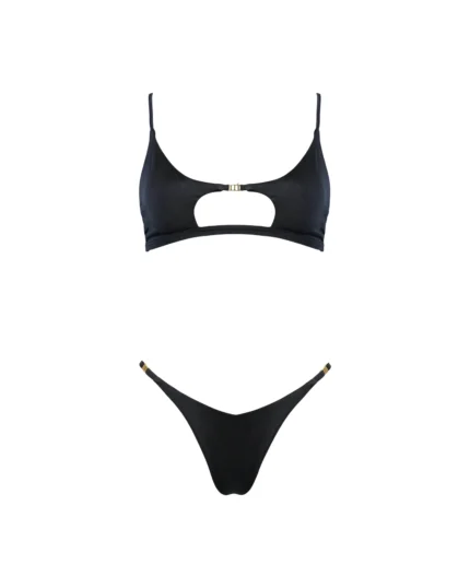 COSTUME DONNA MATINEE A DUE PEZZI DELLA STAGIONE ESTATE 2026. TOP CON FORO E DETTAGLIO IN METALLO. LYCRA LUCIDA NERA