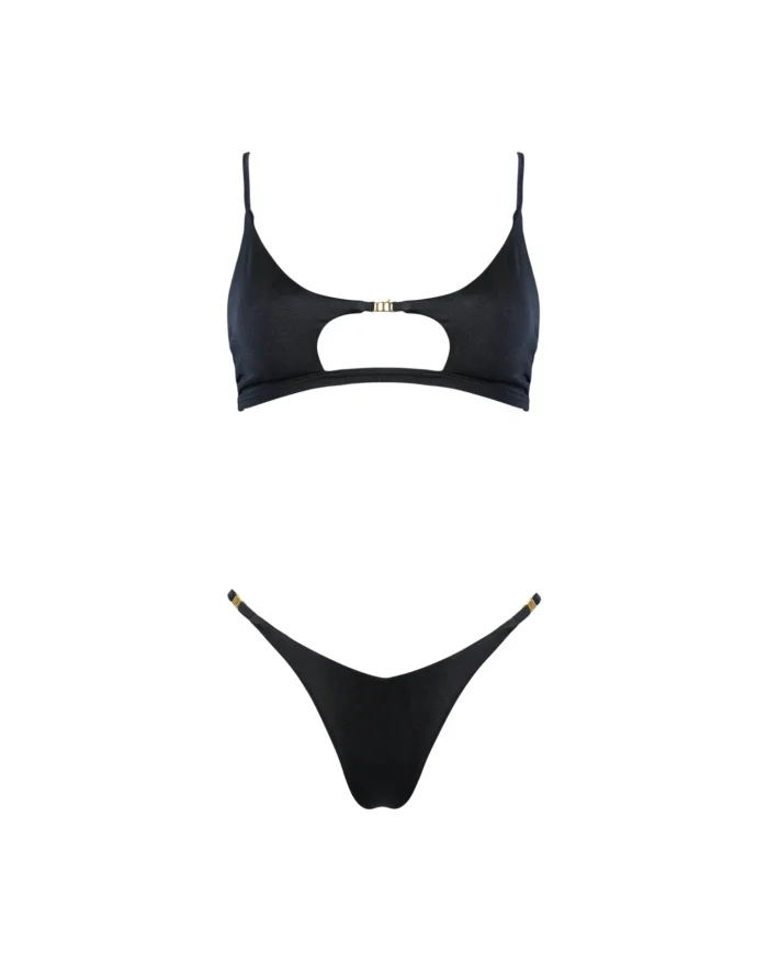 COSTUME DONNA MATINEE A DUE PEZZI DELLA STAGIONE ESTATE 2026. TOP CON FORO E DETTAGLIO IN METALLO. LYCRA LUCIDA NERA