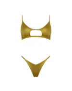 COSTUME DONNA MATINEE A DUE PEZZI DELLA STAGIONE ESTATE 2026. TOP CON FORO E DETTAGLIO IN METALLO. LYCRA LUCIDA NERA