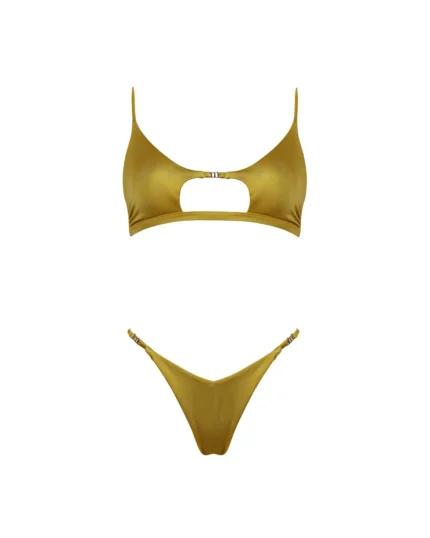 COSTUME DONNA MATINEE A DUE PEZZI DELLA STAGIONE ESTATE 2026. TOP CON FORO E DETTAGLIO IN METALLO. LYCRA LUCIDA NERA