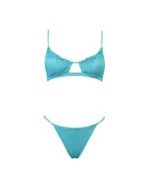 COSTUME DONNA MATINEE A DUE PEZZI DELLA STAGIONE ESTATE 2026. TOP CON FORO IN TESSUTO COSTINE LUREX NEL COLORE AZZURRO