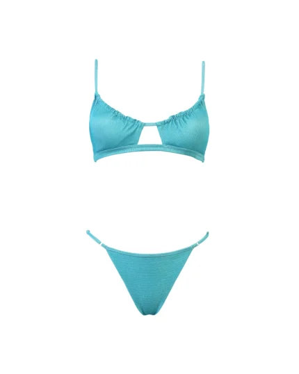 COSTUME DONNA MATINEE A DUE PEZZI DELLA STAGIONE ESTATE 2026. TOP CON FORO IN TESSUTO COSTINE LUREX NEL COLORE AZZURRO