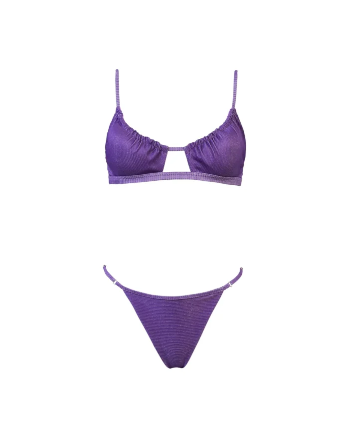 COSTUME DONNA MATINEE A DUE PEZZI DELLA STAGIONE ESTATE 2026. TOP CON FORO IN TESSUTO COSTINE LUREX NEL COLORE VIOLA