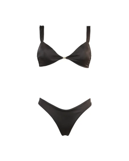 COSTUME DONNA MATINEE A DUE PEZZI DELLA COLLEZIONE ESTATE 2026. TRIANGOLO FISSO CON DETTAGLIO IN METALLO TESSUTO LYCRA LUCIDA MARRONE