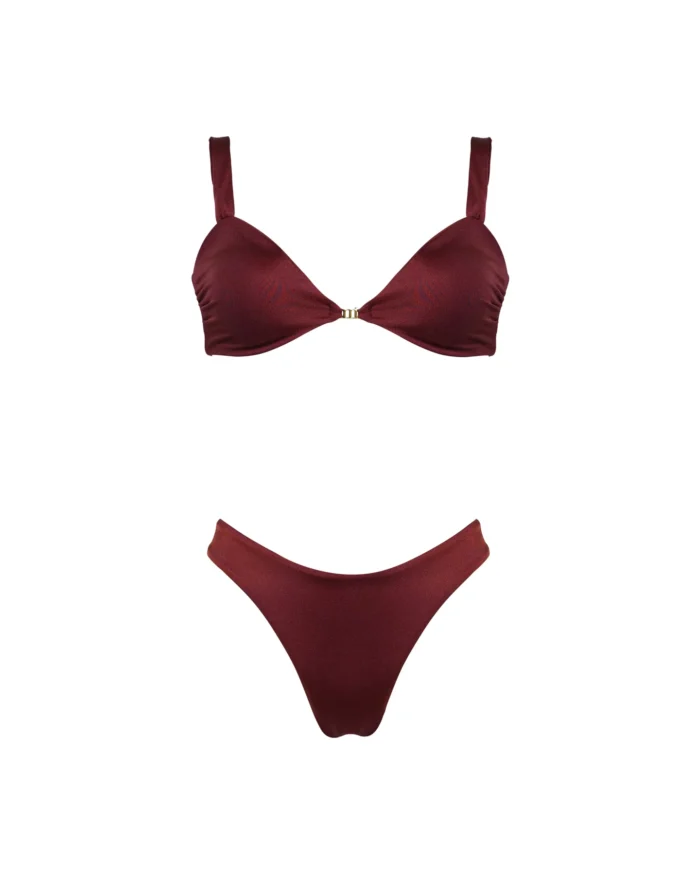 COSTUME DONNA MATINEE A DUE PEZZI DELLA COLLEZIONE ESTATE 2026. TRIANGOLO FISSO CON DETTAGLIO IN METALLO TESSUTO LYCRA LUCIDA VINO