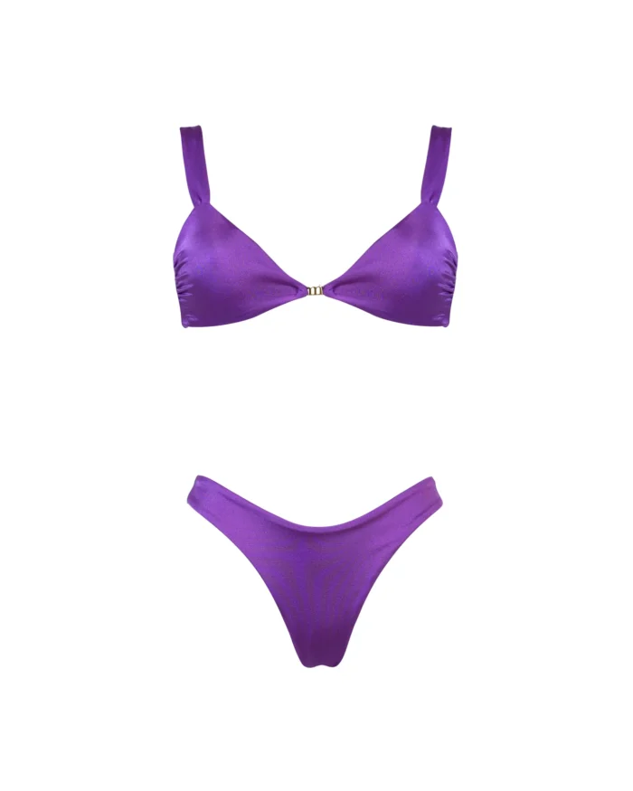 COSTUME DONNA MATINEE A DUE PEZZI DELLA COLLEZIONE ESTATE 2026. TRIANGOLO FISSO CON DETTAGLIO IN METALLO TESSUTO LYCRA LUCIDA VIOLA
