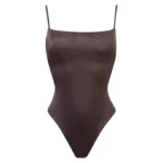 COSTUME DONNA MATINEE INTERO DELLA COLLEZIONE ESTATE 2026. SCOLLO DRITTO IN LYCRA LUCIDA MARRONE