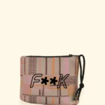 POCHETTE IN NEOPRENE EFFEK DELLA STAGIONE ESTATE 2026. FANTASIA NEI COLORI MARRONE E ARANCIO SU BASE BEIGE