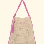 BORSA MARE EFFEK IN RAFIA NON FODERATA RETTANGOLARE COLOR BEIGE CHIARO CON PROFILI FUCSIA