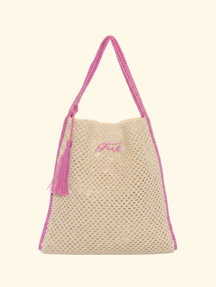 BORSA MARE EFFEK IN RAFIA NON FODERATA RETTANGOLARE COLOR BEIGE CHIARO CON PROFILI FUCSIA