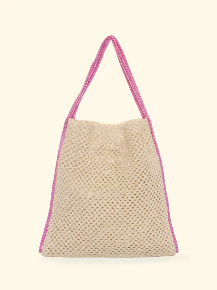 BORSA MARE EFFEK IN RAFIA NON FODERATA COLOR BEIGE CHIARO CON PROFILI FUCSIA - immagine 3