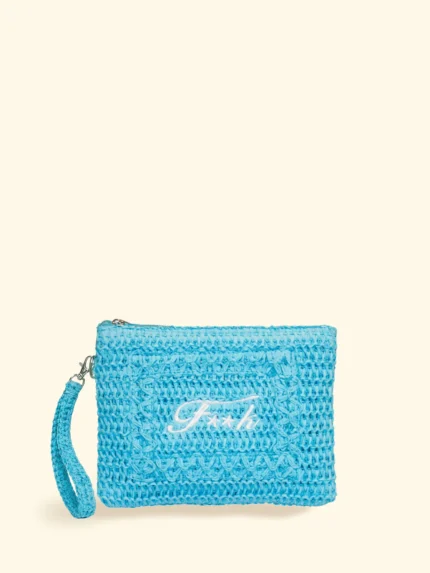 POCHETTE MARE EFFEK IN RAFIA CON LOGO RICAMATO DELLA COLLEZIONE ESTATE 2026. COLOR TURCHESE