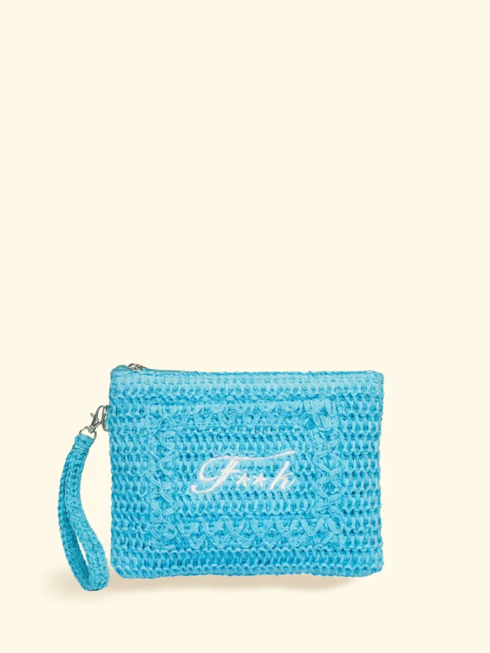 POCHETTE MARE EFFEK IN RAFIA CON LOGO RICAMATO DELLA COLLEZIONE ESTATE 2026. COLOR TURCHESE