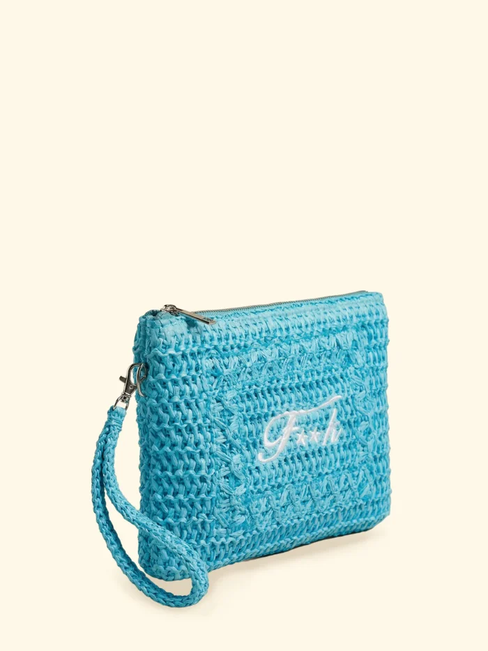 POCHETTE MARE EFFEK IN RAFIA CON LOGGO RICAMATO COLOR TURCHESE - immagine 2