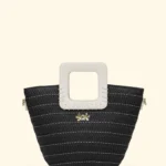 BORSINA RAFIA EFFEK DELLA STAGIONE ESTATE 2026. RAFIA NERA CON MANICI E TRACOLLA IN ECOPELLE COLOR BIANCO