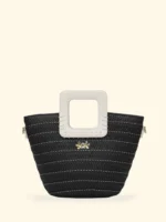 BORSINA RAFIA EFFEK DELLA STAGIONE ESTATE 2026. RAFIA NERA CON MANICI E TRACOLLA IN ECOPELLE COLOR BIANCO