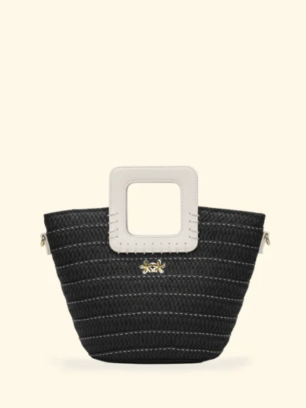 BORSINA RAFIA EFFEK DELLA STAGIONE ESTATE 2026. RAFIA NERA CON MANICI E TRACOLLA IN ECOPELLE COLOR BIANCO