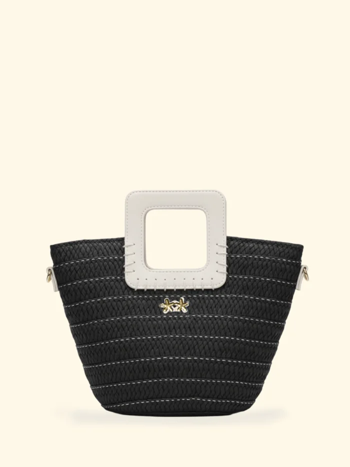 BORSINA RAFIA EFFEK DELLA STAGIONE ESTATE 2026. RAFIA NERA CON MANICI E TRACOLLA IN ECOPELLE COLOR BIANCO