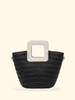 BORSINA EFFEK IN RAFIA NERA CON MANICI E TRACOLLA IN ECOPELLE BIANCA - immagine 3