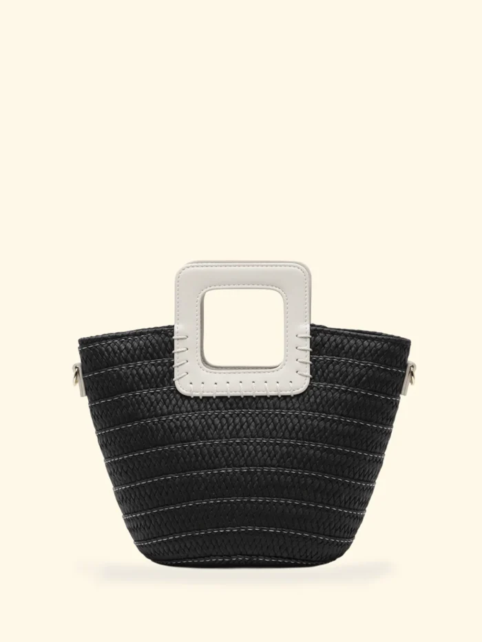 BORSINA EFFEK IN RAFIA NERA CON MANICI E TRACOLLA IN ECOPELLE BIANCA - immagine 3