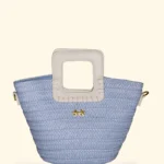 BORSINA RAFIA EFFEK DELLA STAGIONE ESTATE 2026. RAFIA AZZURRA CON MANICI E TRACOLLA IN ECOPELLE COLOR BIANCO