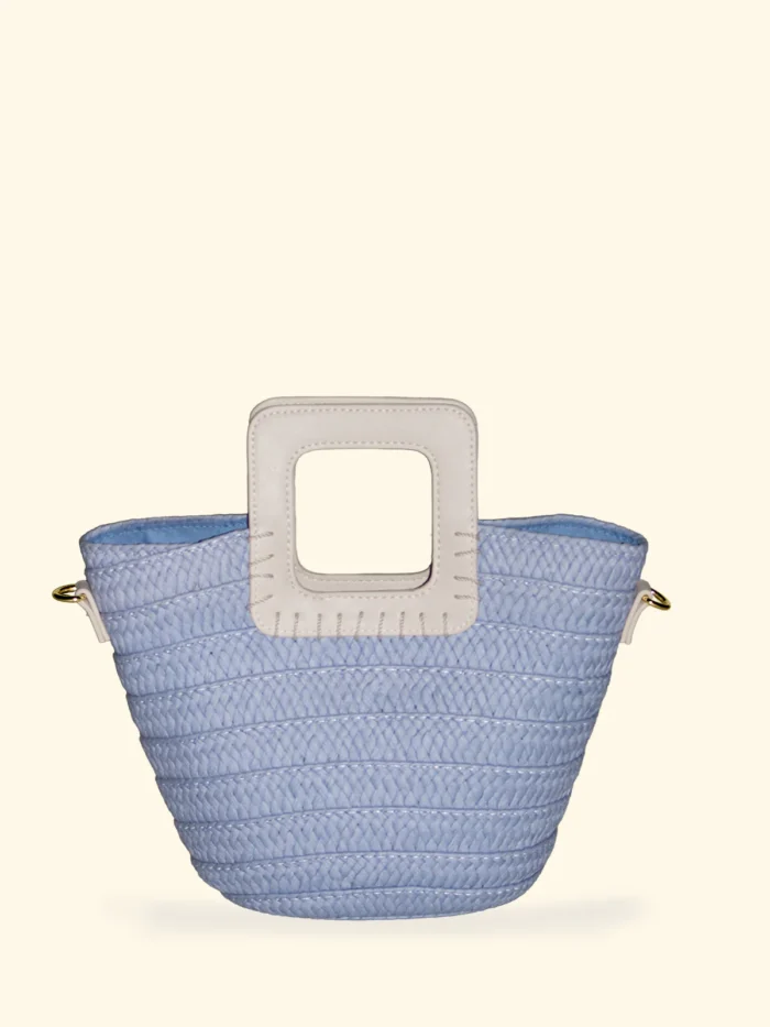 BORSINA MARE EFFEK IN RAFIA AZZURRA CON MANICO E TRACOLLA IN ECOPELLE BIANCA - immagine 3