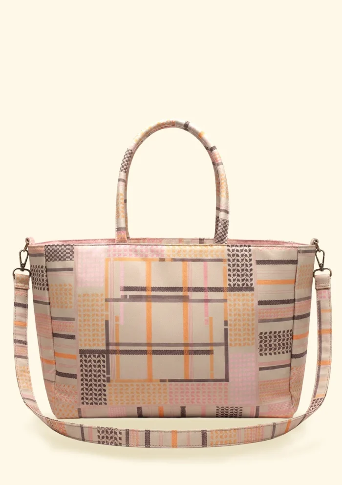 BORSONE MARE EFFEK IN CANVA CON TRACOLLA BASE BEIGE CON FANTASIA GEOMETRICA MARRONE E ARANCIO - immagine 3