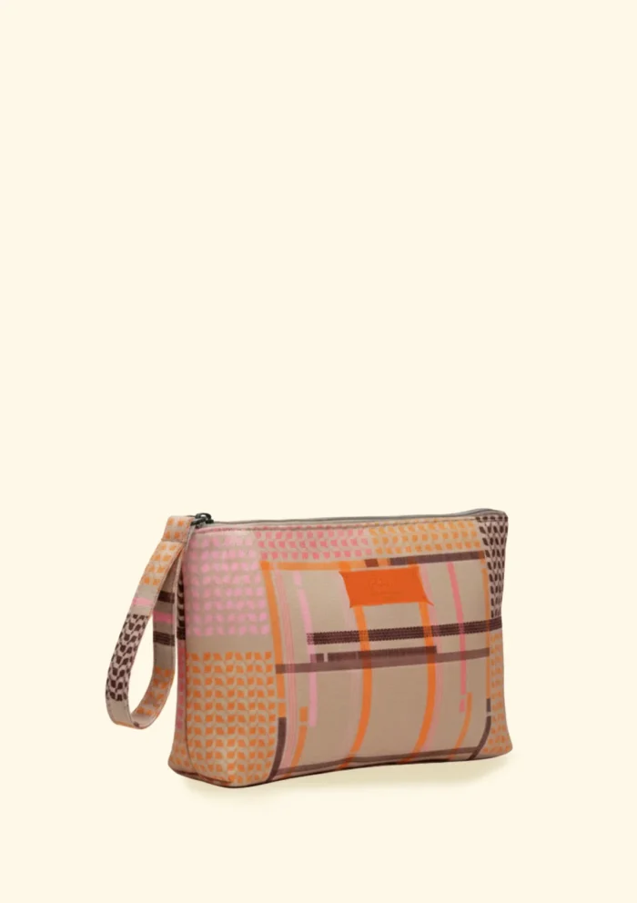 POCHETTE EFFEK IN TELA FANTASIA RIGHINE ARANCIO E MARRONE SU BASE BEIGE - immagine 2