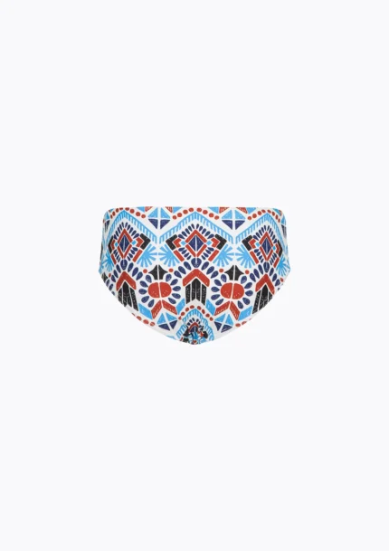 COSTUME BIMBO EFFEK DELLA STAGIONE ESTATE 2026. SLIP A FANTASIA TRIBALE PANNA, TURCHESE E COCCIO
