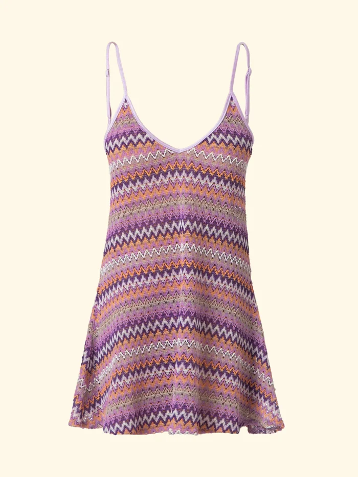 ABITINO CORTO DONNA EFFEK IN TESSUTO TRAFORATO A RIGHE VIOLA, LILLA E ARANCIO - immagine 3