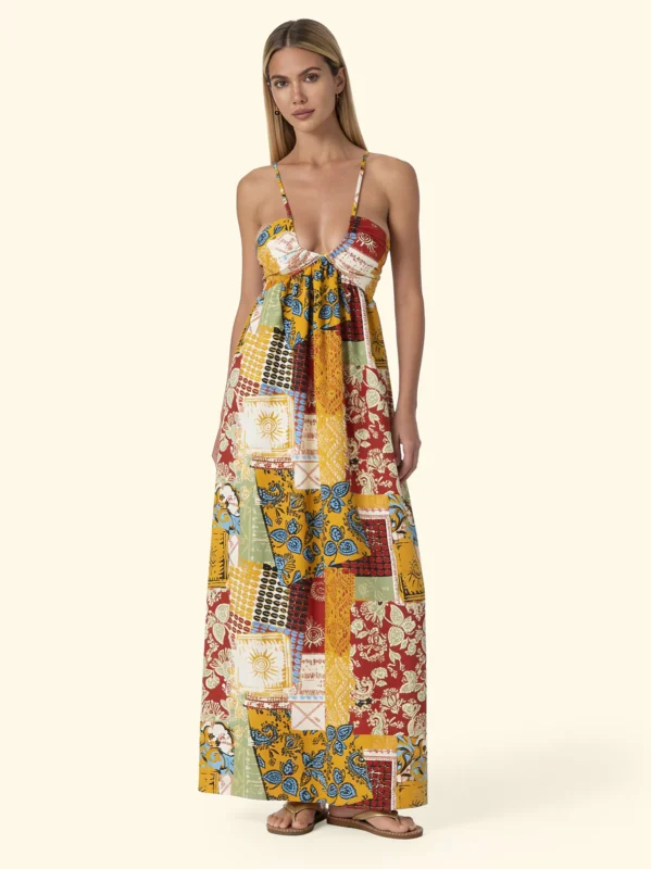 VESTITO LUNGO DONNA EFFEK DELLA STAGIONE ESTATE 2026 NELLA FANTASIA COLOR SENAPE, BRUCIATO E TURCHESE