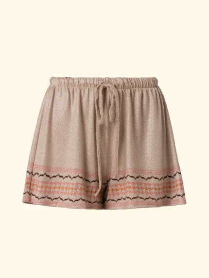 SHORT EFFEK DONNA DELLA STAGIONE ESTATE 2026. IN LUREX BEIGE CON FANTASIA MARRONE E ARANCIO