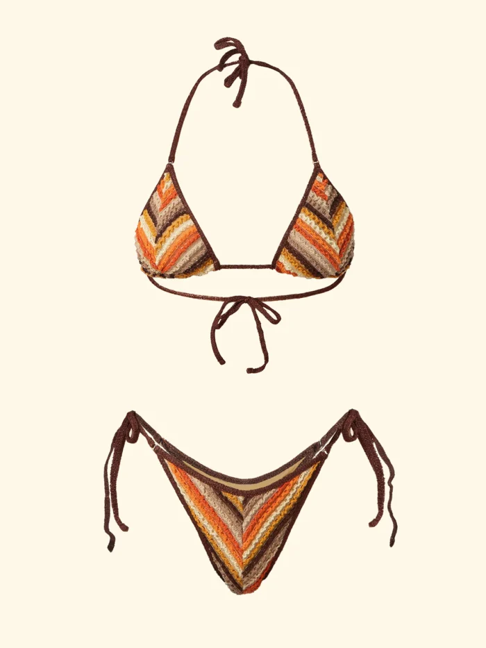 COSTUME DONNA EFFEK TRIANGOLO E BRASILIANA CON LACCETTI TESSUTO RILIEVO A RIGHE MARRONE, GIALLO, ARANCIO E BEIGE - immagine 3