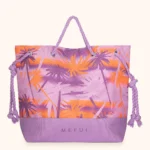 BORSA MARE ME FUI DELLA COLLEZIONE ESTATE 2026. TESSUTO CANVA CON MANICI IN CORDA FANTASIA LILLA E ARANCIO