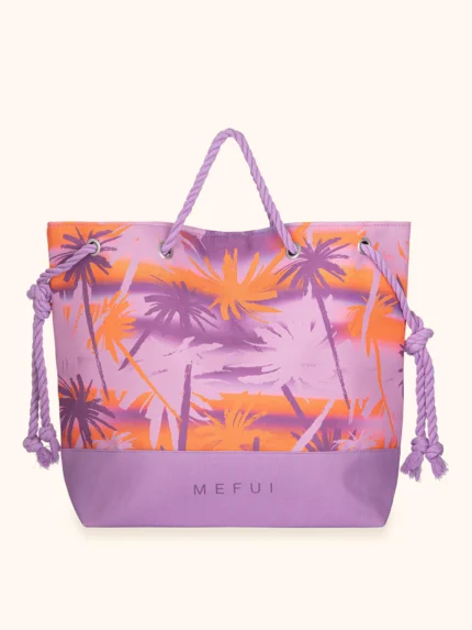 BORSA MARE ME FUI DELLA COLLEZIONE ESTATE 2026. TESSUTO CANVA CON MANICI IN CORDA FANTASIA LILLA E ARANCIO