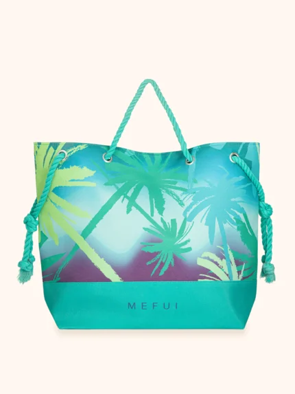 BORSA MARE ME FUI DELLA COLLEZIONE ESTATE 2026. TESSUTO CANVA CON MANICI IN CORDA FANTASIA VERDE E AZZURRA