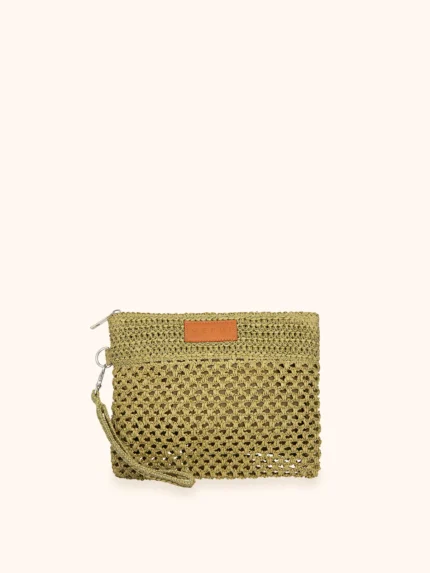 MINI POCHETTE ME FUI IN RAFIA NELLA COLLEZIONE ESTATE 2026 24X20 CON LACCETTO PER POLSINO A TINTA UNITA VERDE