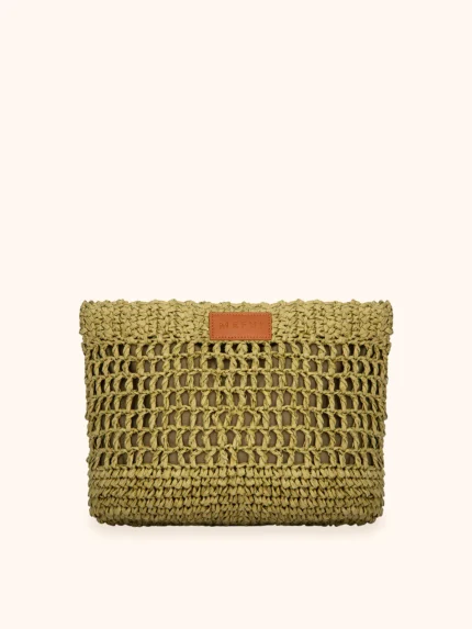 MAXI POCHETTE ME FUI IN RAFIA NELLA COLLEZIONE ESTATE 2026 24X20 CON CHIUSURA CON BOTTONE AUTOMATICO A TINTA UNITA VERDE