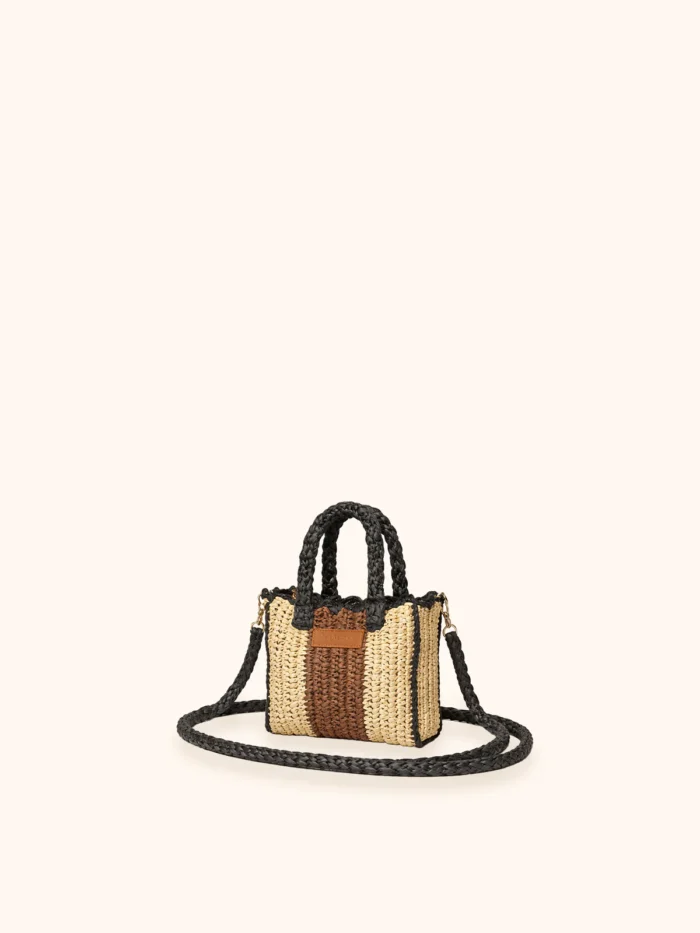 MINI BAG MARE ME FUI IN RAFIA CON TRACOLLA BEIGE, MARRONE E PROFILI NERI