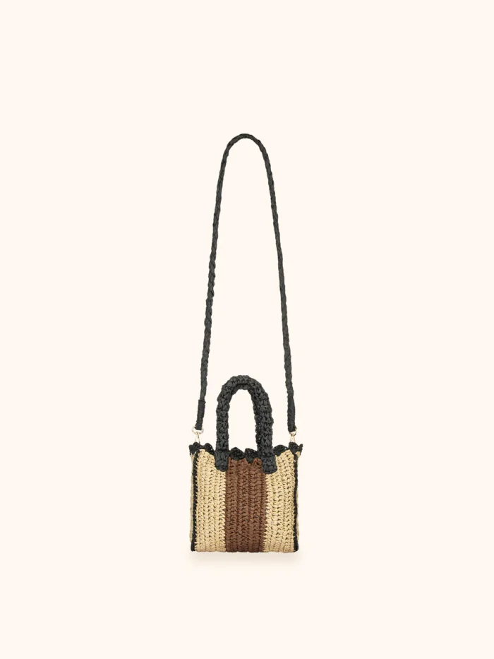 MINI BORSA MARE ME FUI IN RAFIA CON TRACOLLA BEIGE E MARRONE CON PROFILI NERI - immagine 3