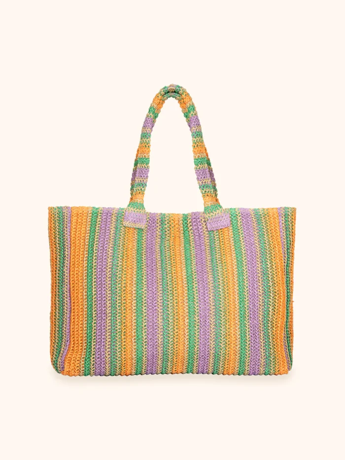 BORSA MARE ME FUI IN RAFIA COLORATA A RIGHE ARANCIO, LILLA, VERDE E BEIGE - immagine 3