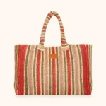 MAXI BORSA MARE ME FUI IN RAFIA DELLA COLLEZIONE ESTATE 2026 A RIGHE ROSSE, GIALLE, MARRONI E BEIGE