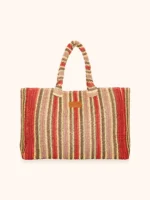 MAXI BORSA MARE ME FUI IN RAFIA DELLA COLLEZIONE ESTATE 2026 A RIGHE ROSSE, GIALLE, MARRONI E BEIGE